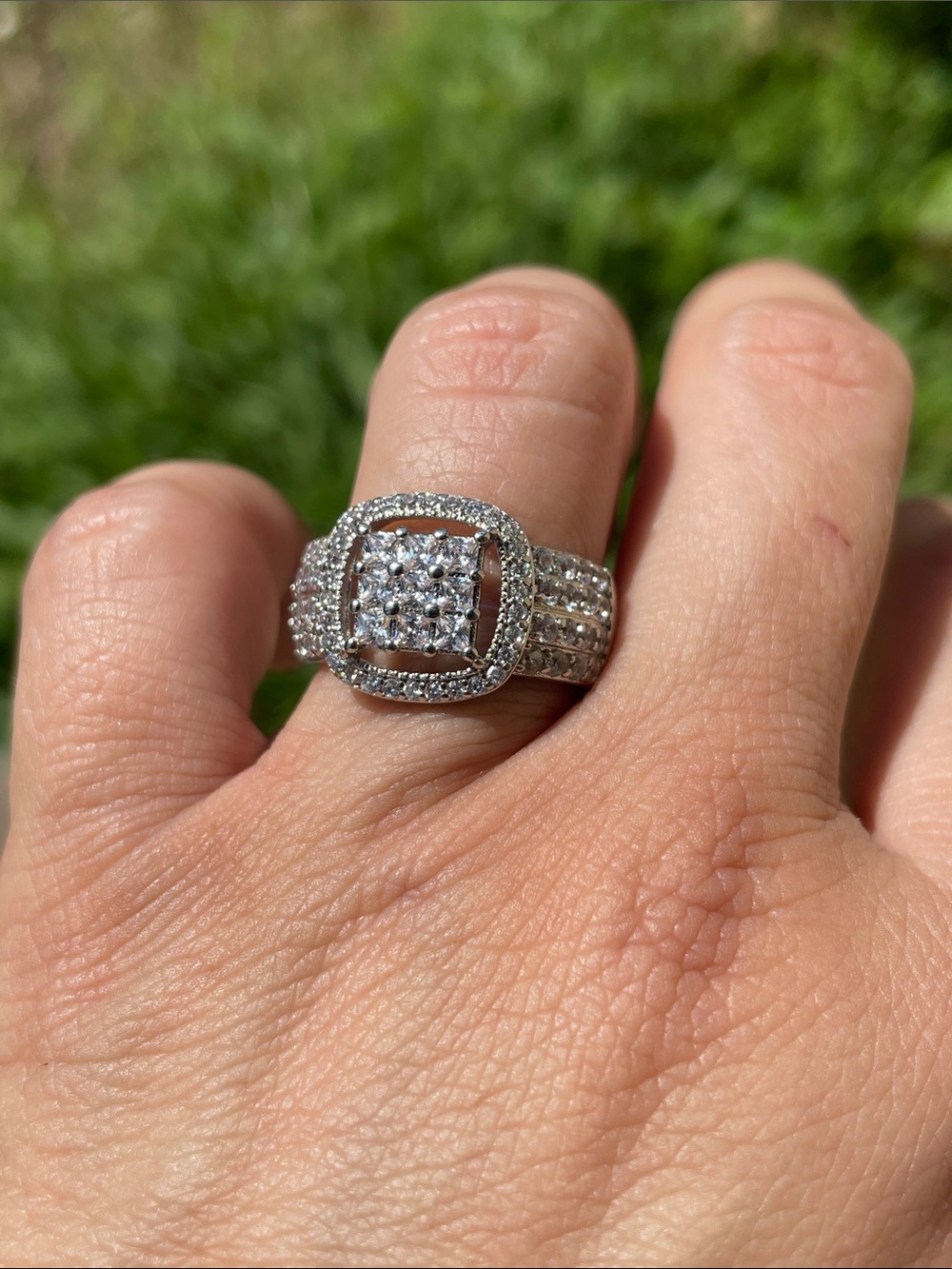Silver Pavé Square Halo Cocktail Ring - Size 6